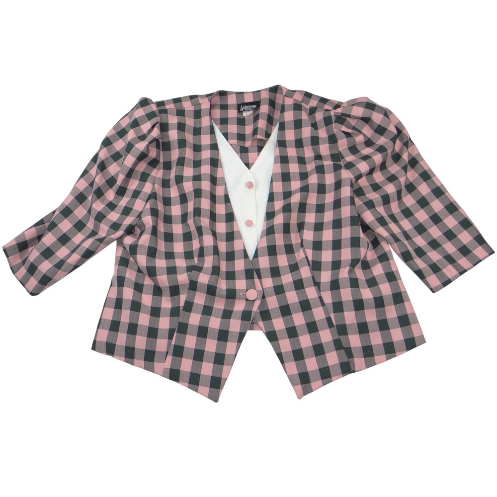 Whirlaway Frocks Vintage Pink Plaid Skirt Suit Set 22WP Puff Sleeve Made in USA - Picture 2 of 13